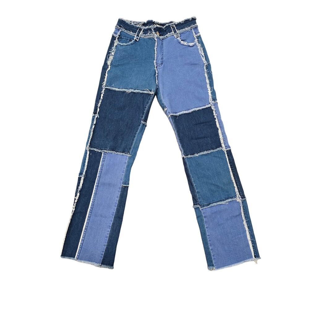 Dark & Light Stitched Patches Distressed Cotton & Spandex Blue Jeans Small